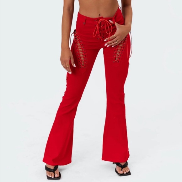 Edikted red flare tie pants jeans worn once - Picture 2 of 3